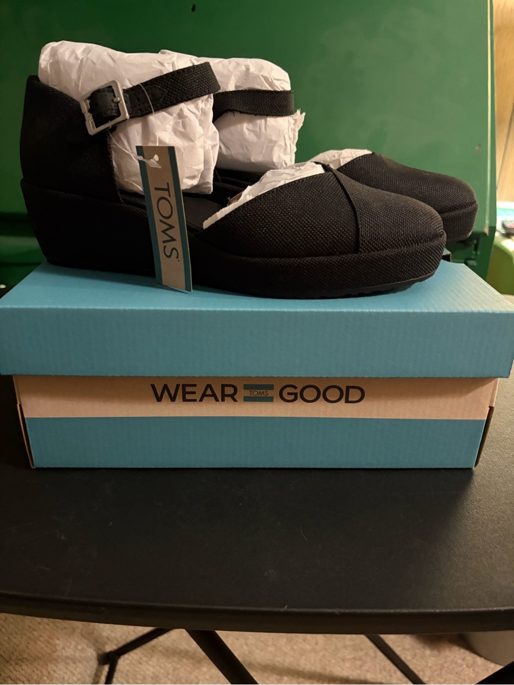 TOMS Black Canvas Ankle-Strap Wedge Mules